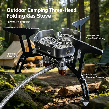 Portable 3-Burner Gas Stove, Foldable Like a Backpack for Easy Travel, Ideal for Outdoor Hiking Camping and Picnic Cooking