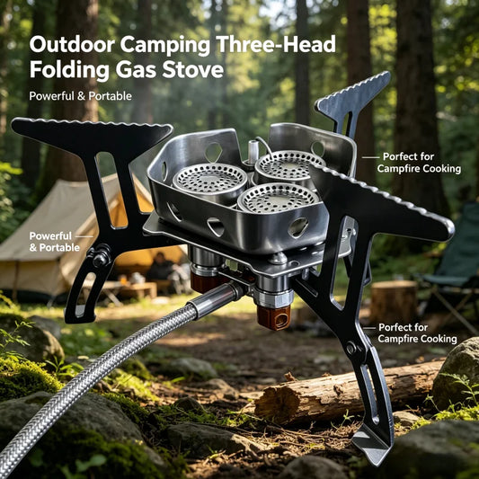 Portable 3-Burner Gas Stove, Foldable Like a Backpack for Easy Travel, Ideal for Outdoor Hiking Camping and Picnic Cooking