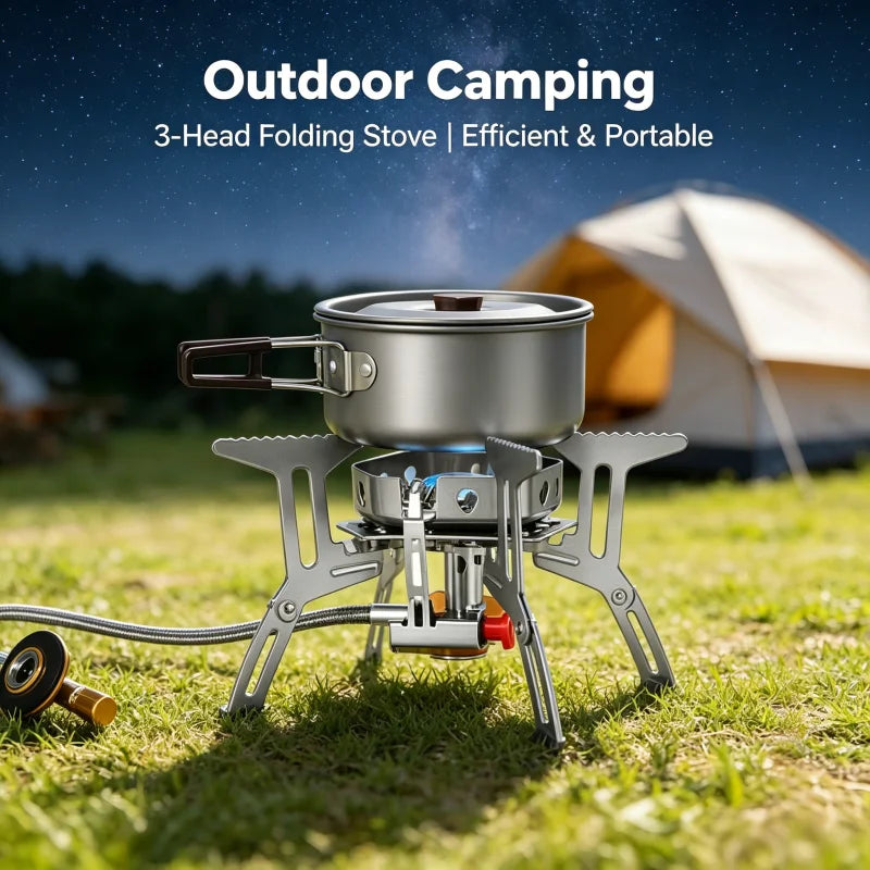 Portable 3-Burner Gas Stove, Foldable Like a Backpack for Easy Travel, Ideal for Outdoor Hiking Camping and Picnic Cooking